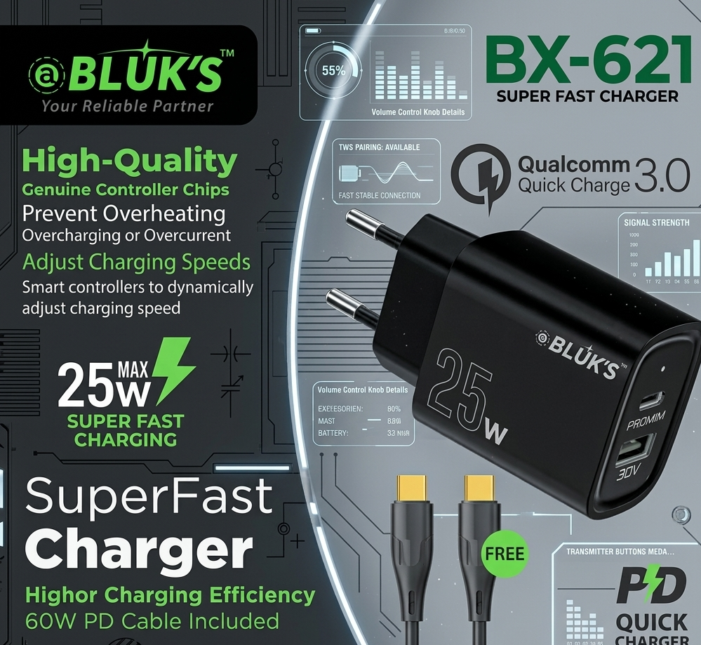 BLÚK'S BX-621 SUPER FAST CHARGER & 60W PD CABLE BUNDLE: